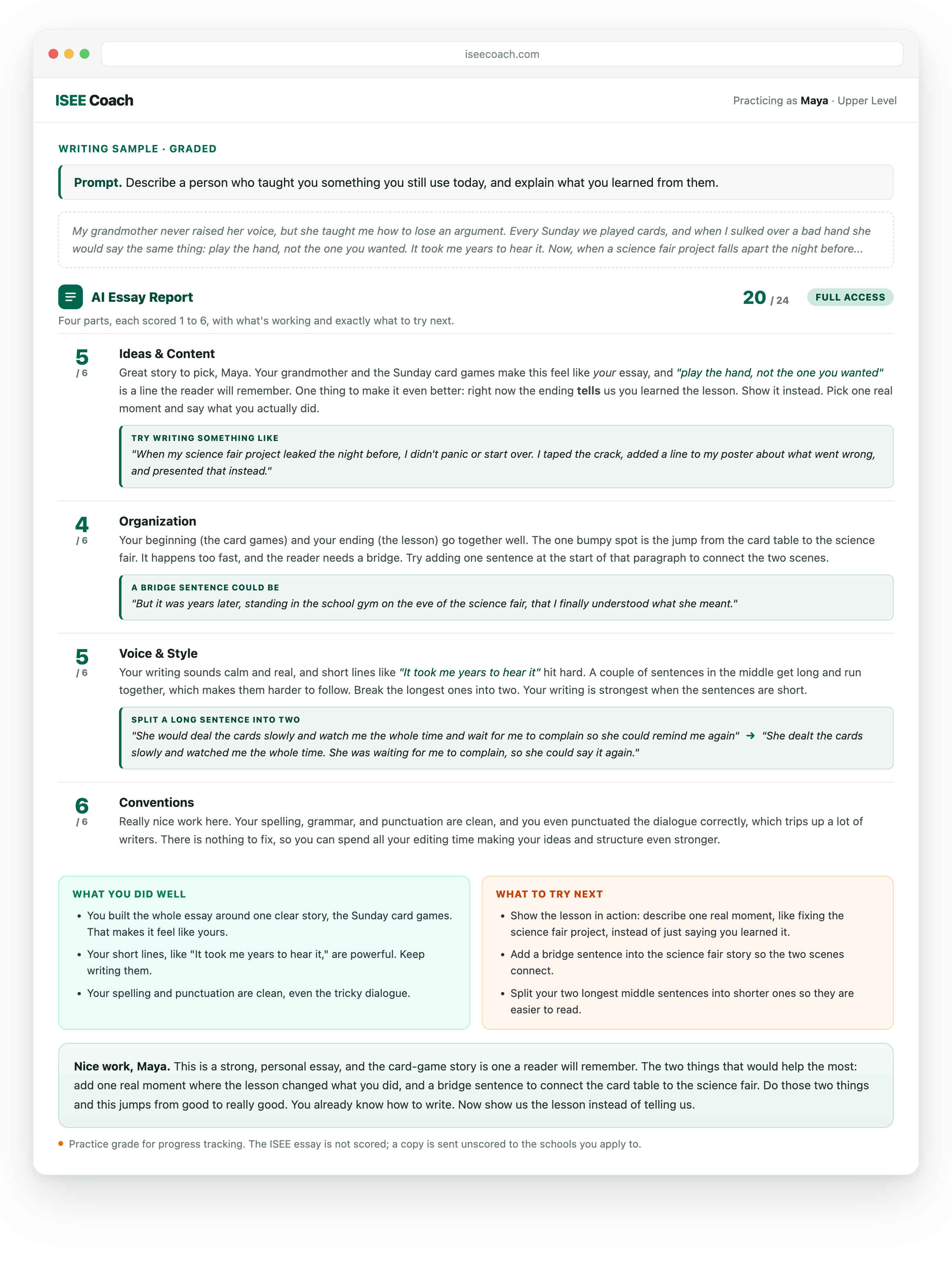 AI essay report scoring a sample essay across four rubric dimensions with written feedback