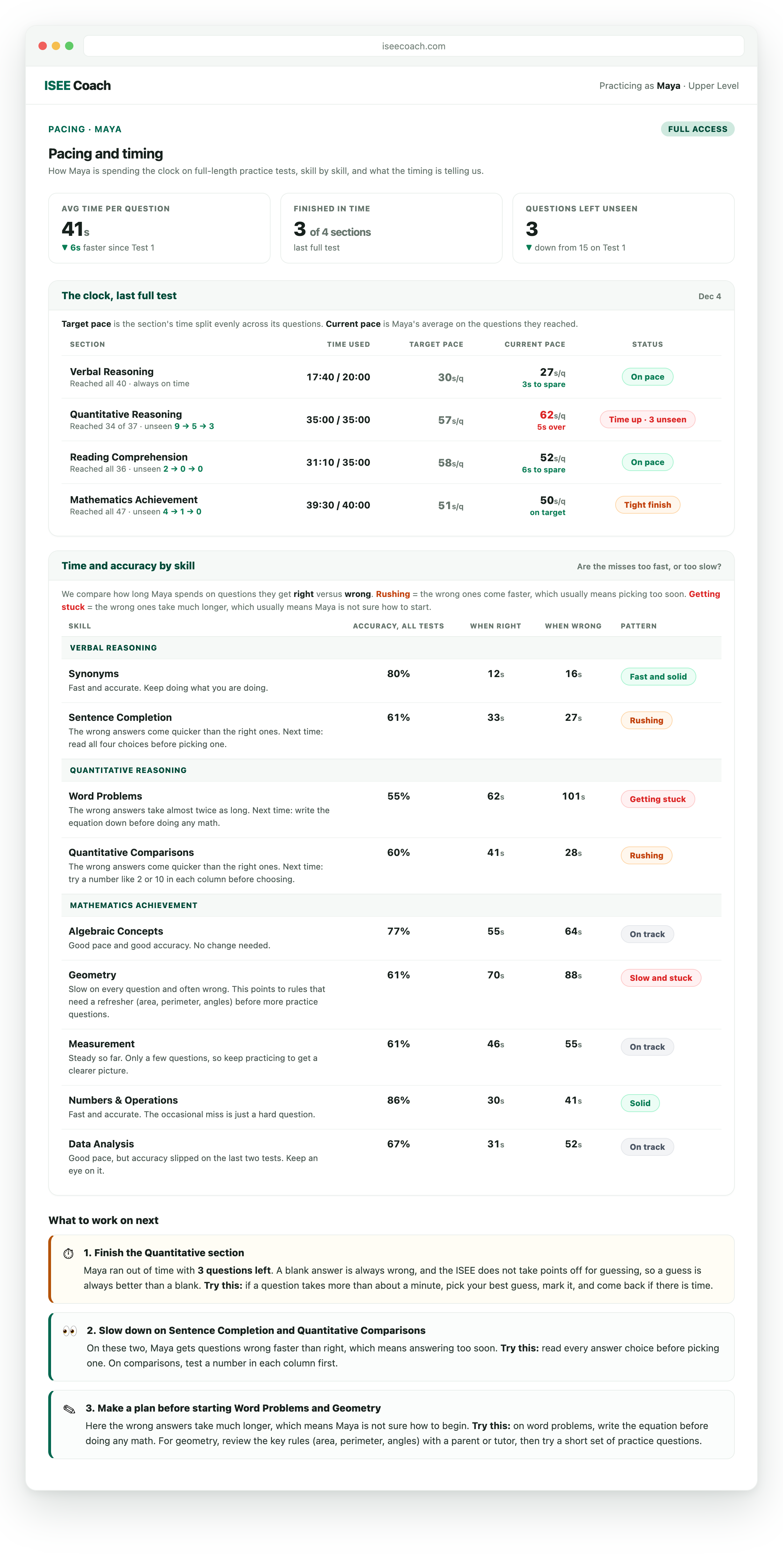 Pacing report comparing current and target pace for each section, time spent on right versus wrong answers by skill, and next steps